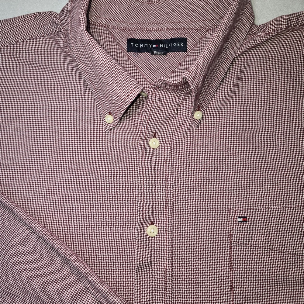 Tommy Hilfiger Men's Red White Gingham Check Oxford Button Down Shirt XXL Preppy